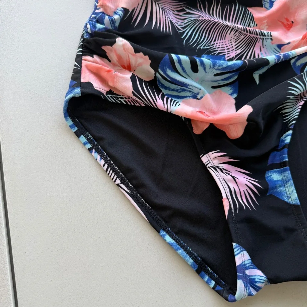 DKNY Women S Black Pink Blue Tropical Floral Halter One Piece Swimsuit Beach NWT - Picture 11 of 13